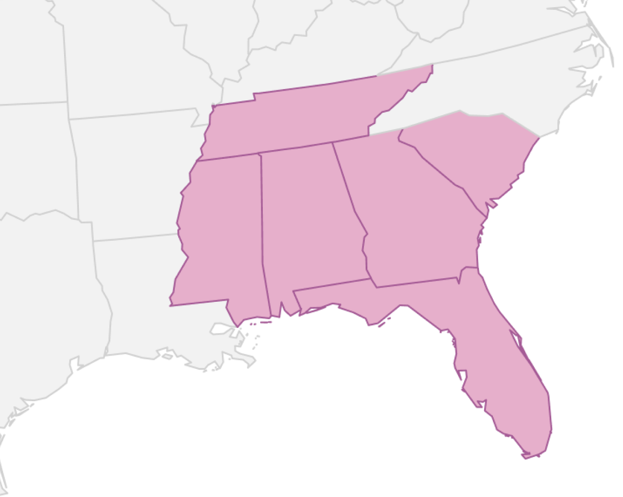 Map with Southeastern states highlighted