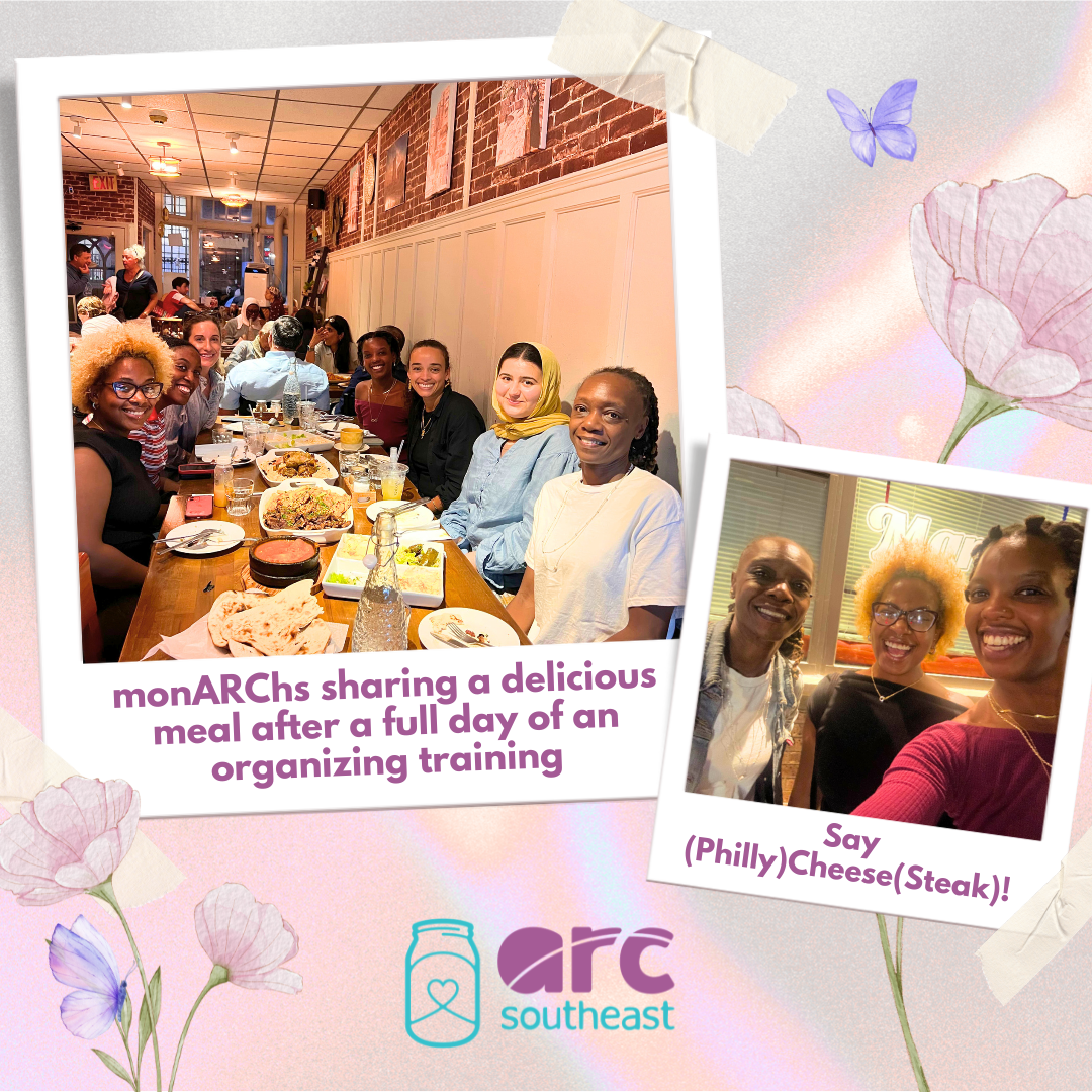 An image of roughly a dozen organizers and volunteers eating dinner together, smiling, at the AAAN Training; words read "monARChs sharing a delicious meal after a full day of an organizing training"